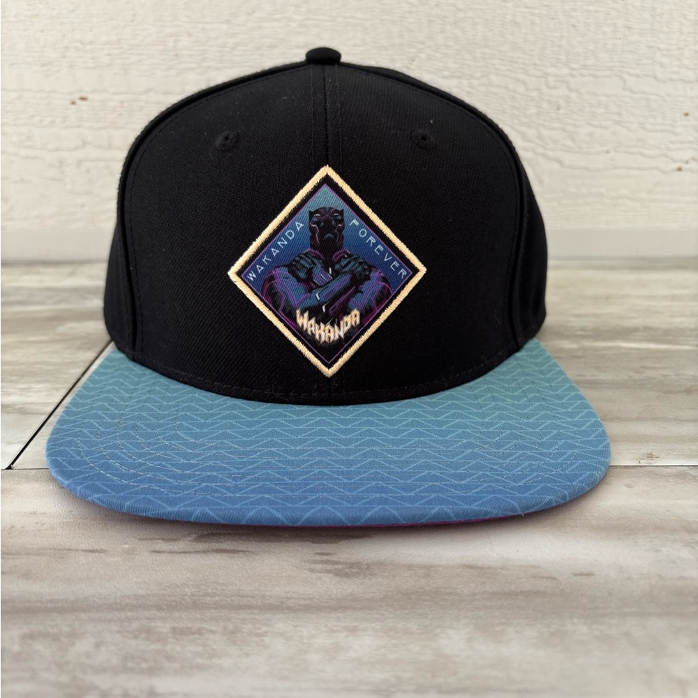 Marvel Studios Black Panther Wakanda Forever Black Blue Bioworld Adjustable Hat